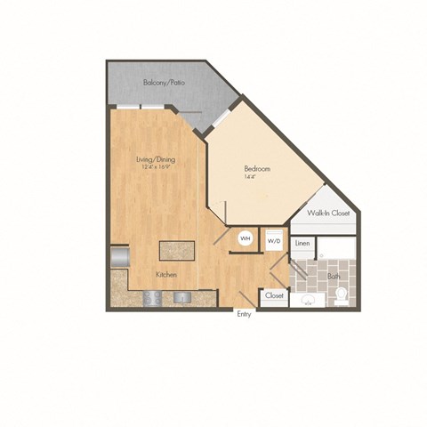 Floor plan for 1 bed, 1 bath, 673 sqft