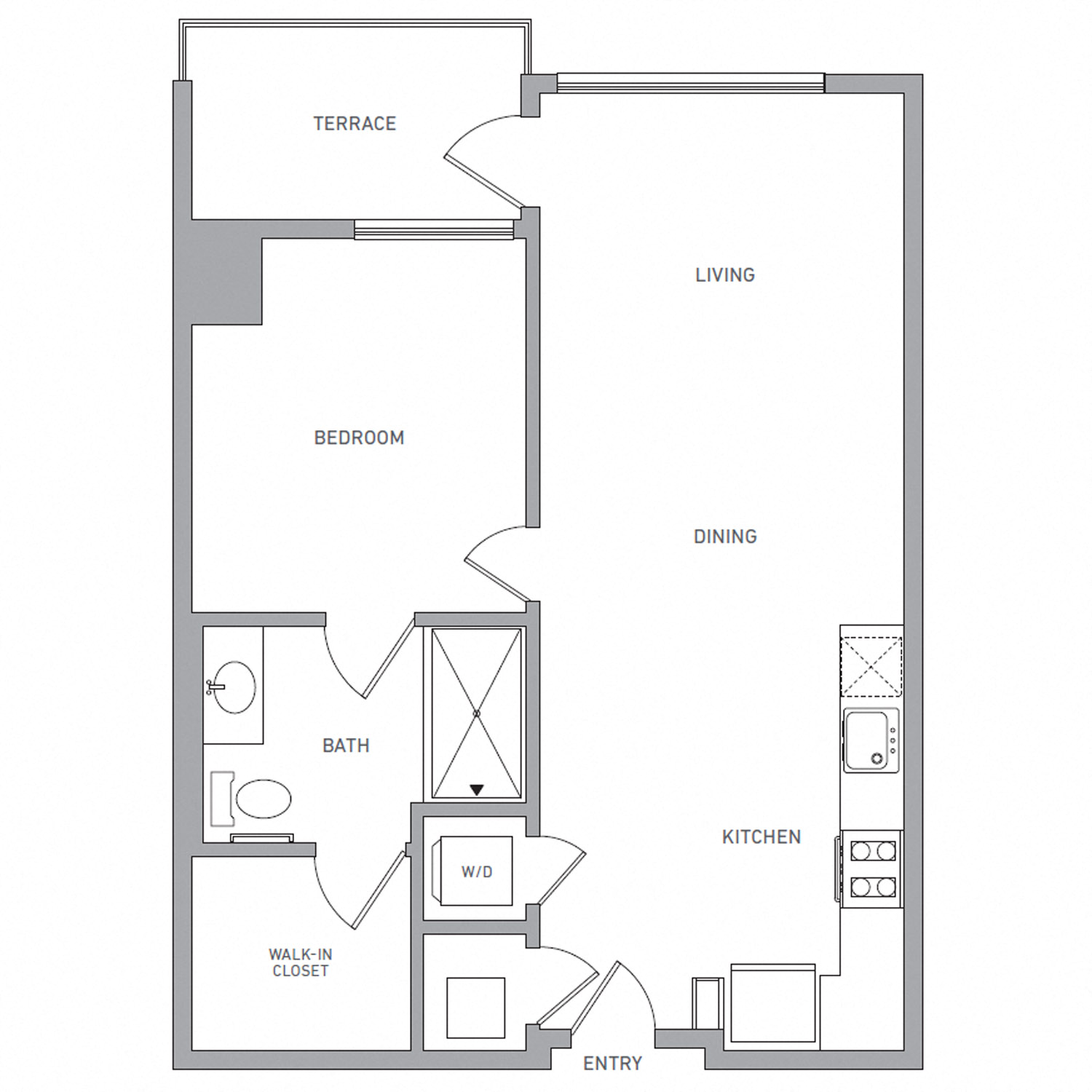 Floor plan for 1 bed, 1 bath, 704 sqft