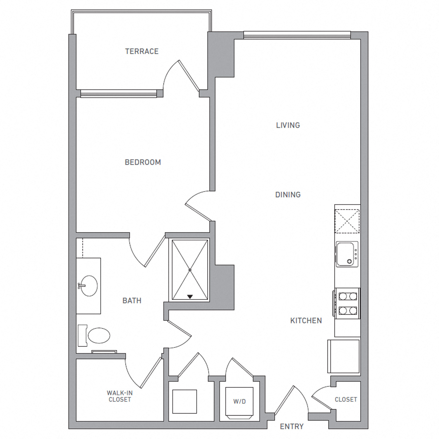 Floor plan for 1 bed, 1 bath, 722 sqft