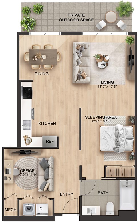 Floor plan for 1 bed, 1 bath, 870 sqft