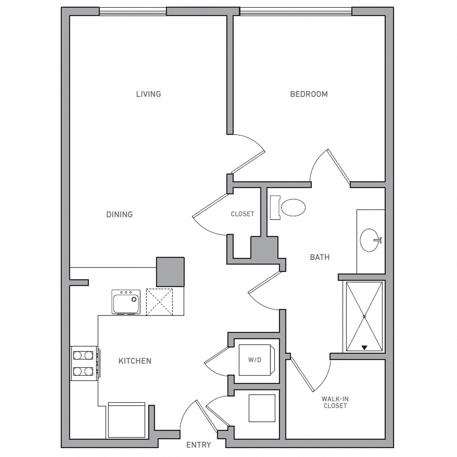 Floor plan for 1 bed, 1 bath, 754 sqft