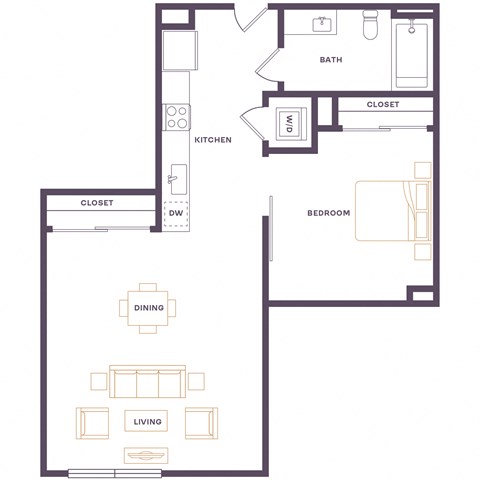 Floor plan for 1 bed, 1 bath, 591 sqft