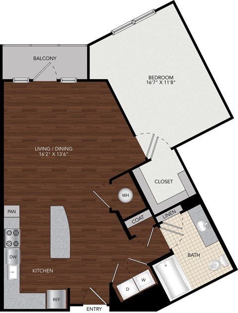 Floor plan for 1 bed, 1 bath, 912 sqft