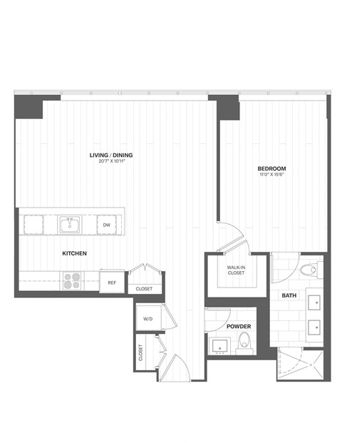 Floor plan for 1 bed, 1.5 baths, 858 sqft