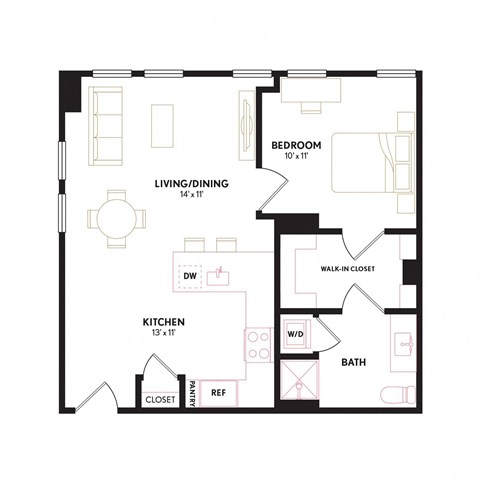 Floor plan for 1 bed, 1 bath, 710 sqft