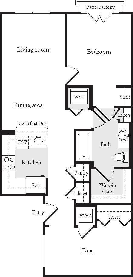 Floor plan for 1 bed, 1 bath, 819 sqft