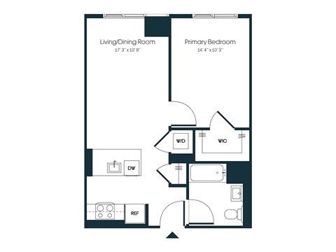 Floor plan for 1 bed, 1 bath, 569 sqft