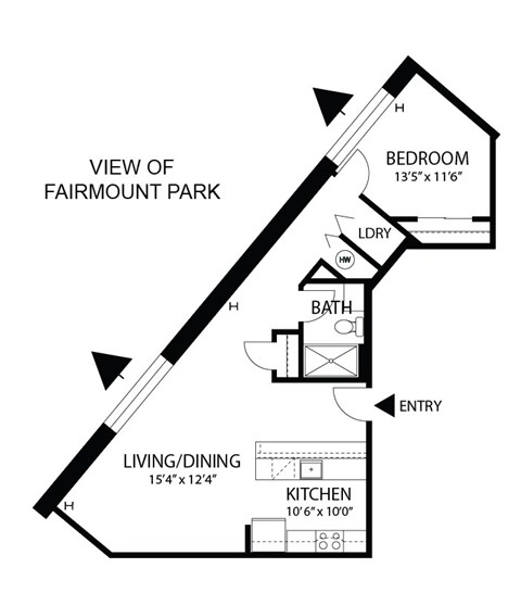 Floor plan for 1 bed, 1 bath, 720 sqft