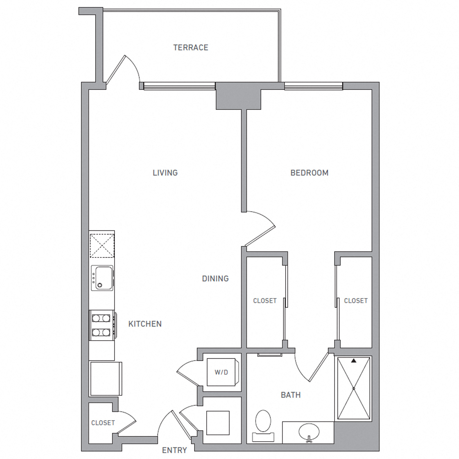 Floor plan for 1 bed, 1 bath, 707 sqft