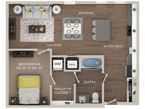Floor plan for 1 bed, 1 bath, 716 sqft