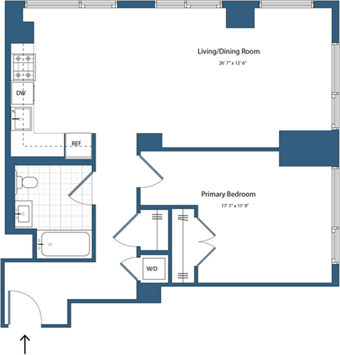Floor plan for 1 bed, 1 bath, 790 sqft