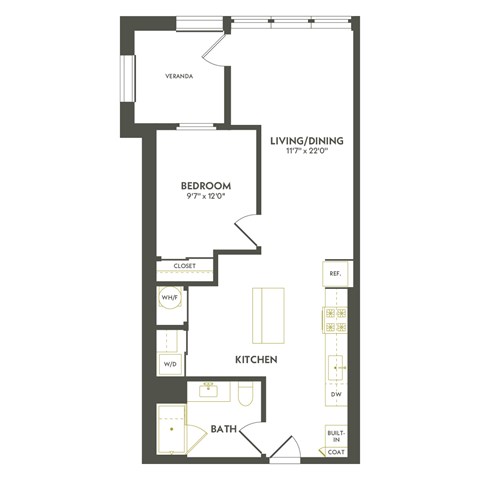 Floor plan for 1 bed, 1 bath, 764 sqft