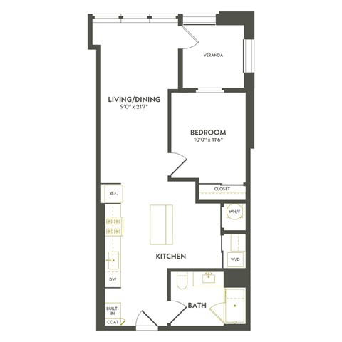 Floor plan for 1 bed, 1 bath, 766 sqft