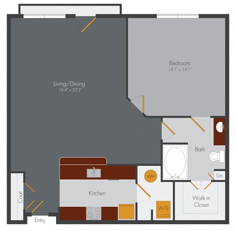 Floor plan for 1 bed, 1 bath, 940 sqft
