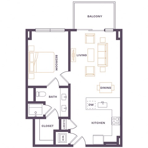 Floor plan for 1 bed, 1 bath, 598 sqft