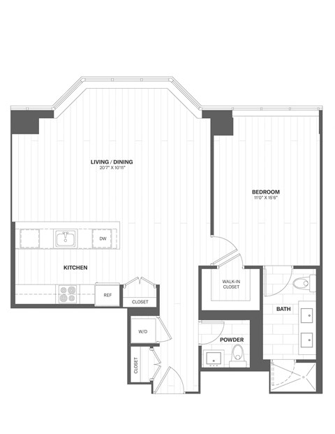 Floor plan for 1 bed, 1.5 baths, 892 sqft