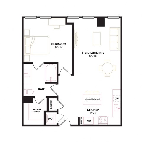 Floor plan for 1 bed, 1 bath, 749 sqft