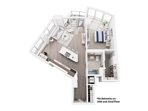 Floor plan for 1 bed, 1 bath, 909 sqft