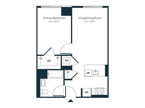 Floor plan for 1 bed, 1 bath, 576 sqft