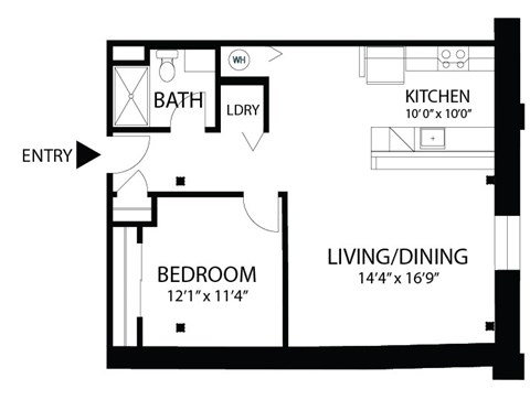 Floor plan for 1 bed, 1 bath, 730 sqft