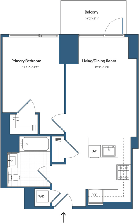 Floor plan for 1 bed, 1 bath, 615 sqft