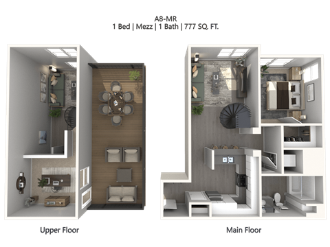 Floor plan for 1 bed, 1 bath, 777 sqft