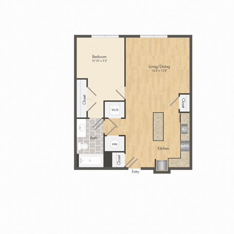 Floor plan for 1 bed, 1 bath, 728 sqft