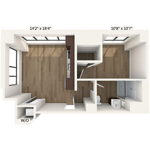 Floor plan for 1 bed, 1 bath, 719 sqft