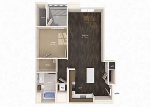 Floor plan for 1 bed, 1 bath, 844 sqft