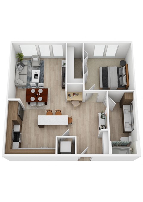 Floor plan for 1 bed, 1 bath, 728 sqft