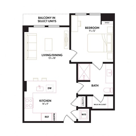Floor plan for 1 bed, 1 bath, 650 sqft