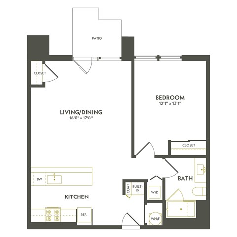 Floor plan for 1 bed, 1 bath, 868 sqft