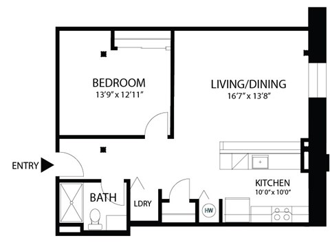 Floor plan for 1 bed, 1 bath, 735 sqft