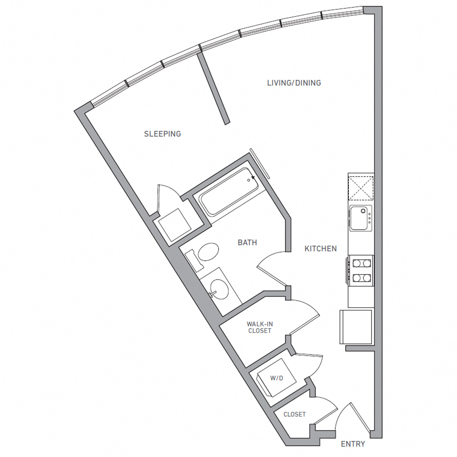 Floor plan for 1 bed, 1 bath, 559 sqft