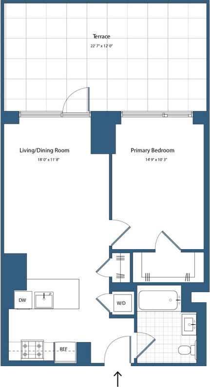 Floor plan for 1 bed, 1 bath, 635 sqft