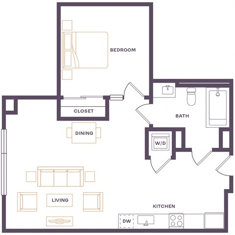 Floor plan for 1 bed, 1 bath, 600 sqft