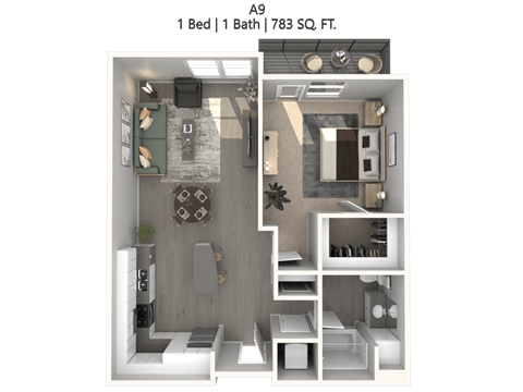 Floor plan for 1 bed, 1 bath, 798 sqft