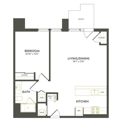 Floor plan for 1 bed, 1 bath, 878 sqft