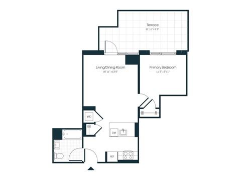 Floor plan for 1 bed, 1 bath, 580 sqft