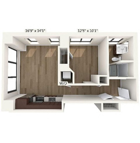 Floor plan for 1 bed, 1 bath, 725 sqft