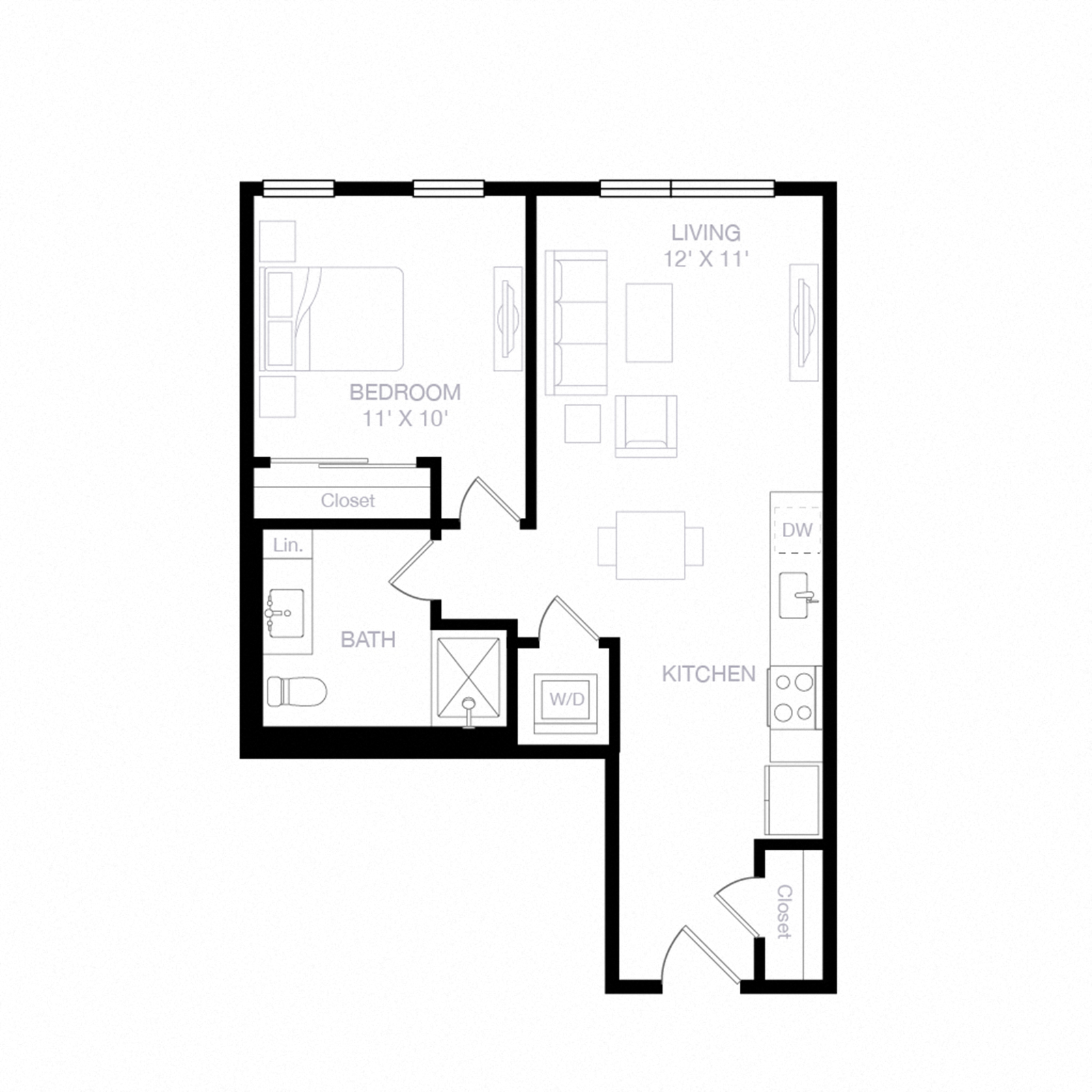 Floor plan for 1 bed, 1 bath, 622 sqft