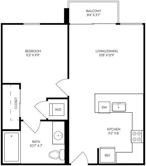 Floor plan for 1 bed, 1 bath, 594 sqft