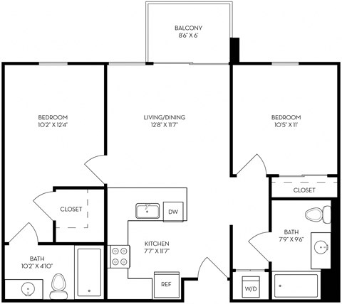 Floor plan for 2 beds, 2 baths, 796 sqft