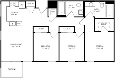 Floor plan for 3 beds, 2 baths, 1135 sqft
