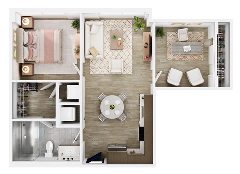 Floor plan for 1 bed, 1 bath, 763 sqft