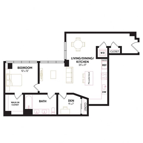 Floor plan for 1 bed, 1 bath, 998 sqft