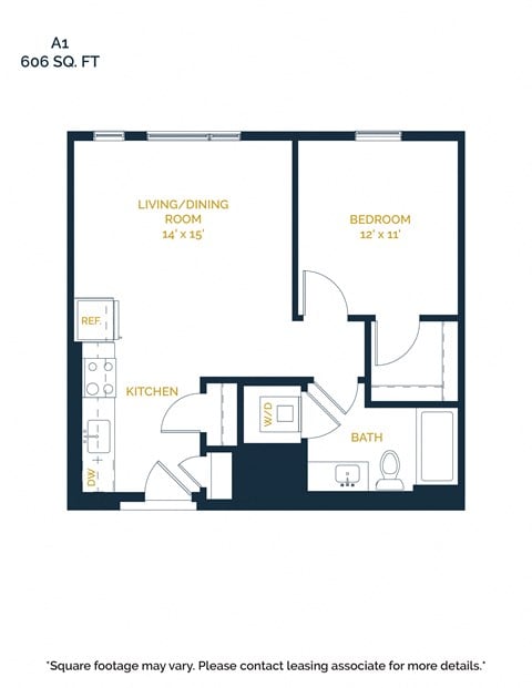 Floor plan for 1 bed, 1 bath, 606 sqft