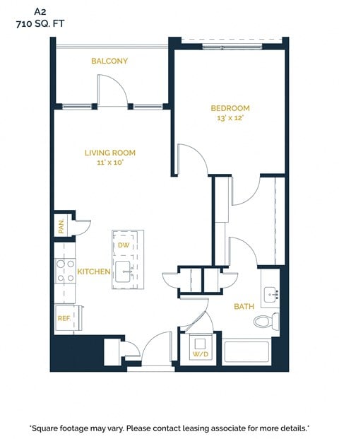 Floor plan for 1 bed, 1 bath, 710 sqft