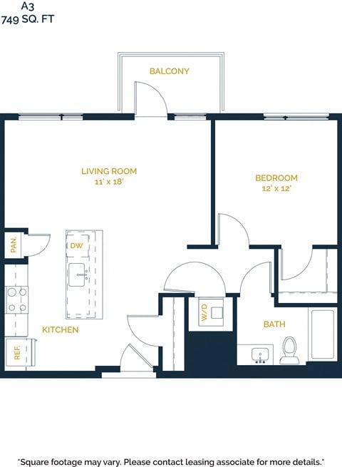 Floor plan for 1 bed, 1 bath, 750 sqft