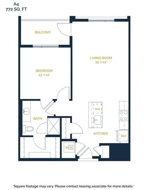 Floor plan for 1 bed, 1 bath, 772 sqft